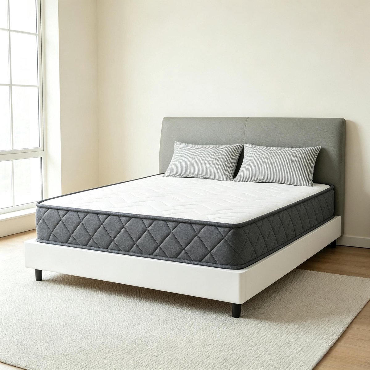 OKWISH Traagschuimmatras 160x200cm - Tweepersoonsmatras Met Drukverlagende Schuimlagen - Geschikt Voor Verstelbare Bodem - Wit Grijs Wit, grijs