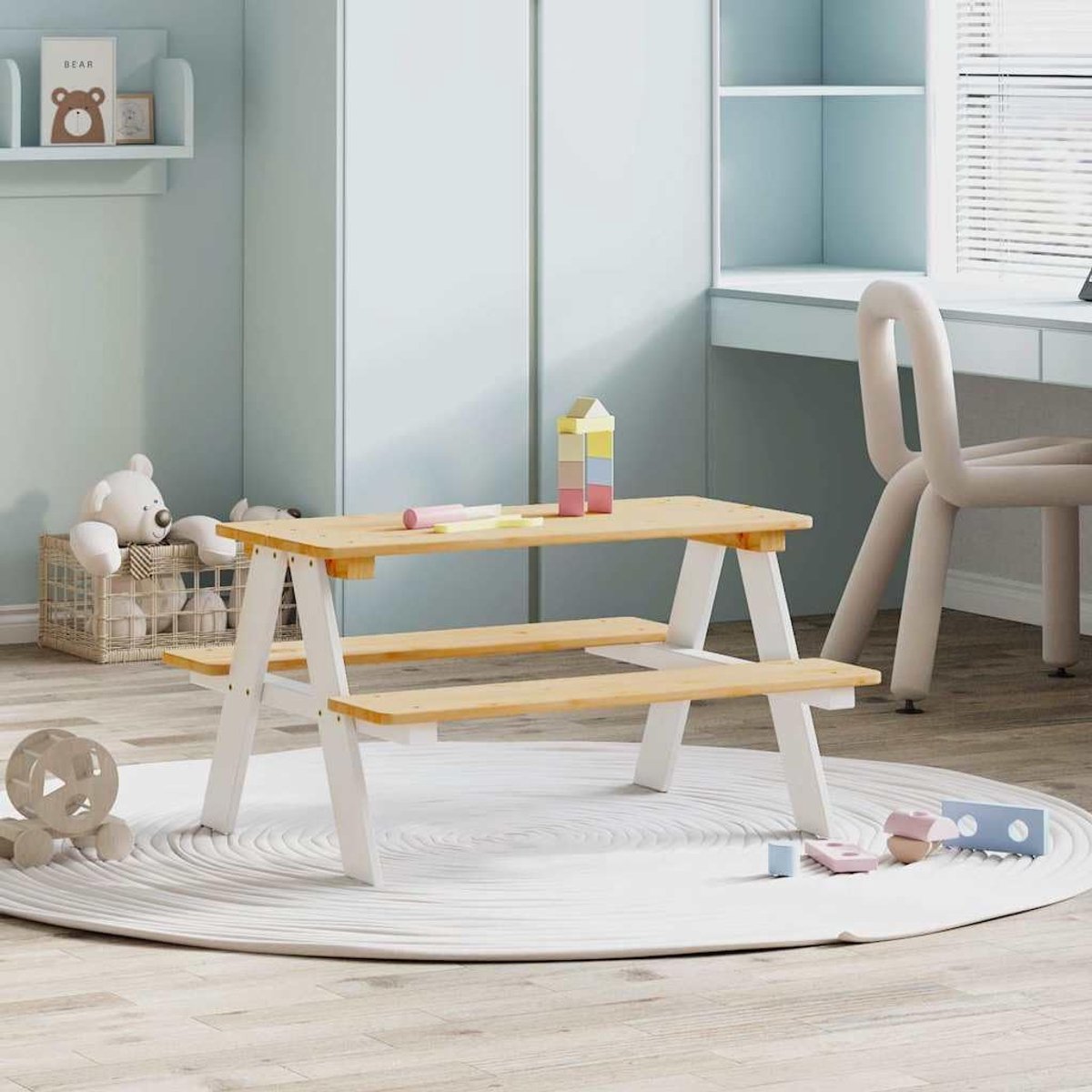 Kinderzitgroep van grenenhout, kindertafel met twee banken voor kinderkamer en speelkamer, stabiel en duurzaam, 90 x 79,5 x 50 cm, wit