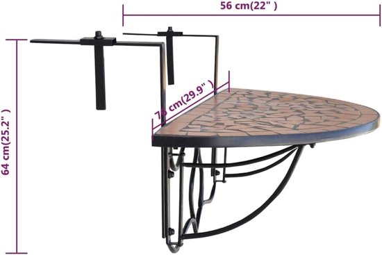 Balkonhangtafel met halfrond keramisch mozaïek tafelblad, ijzeren houder voor leuningen tot 18 cm dikte, praktische salontafel voor dranken en snacks — afbeelding 2