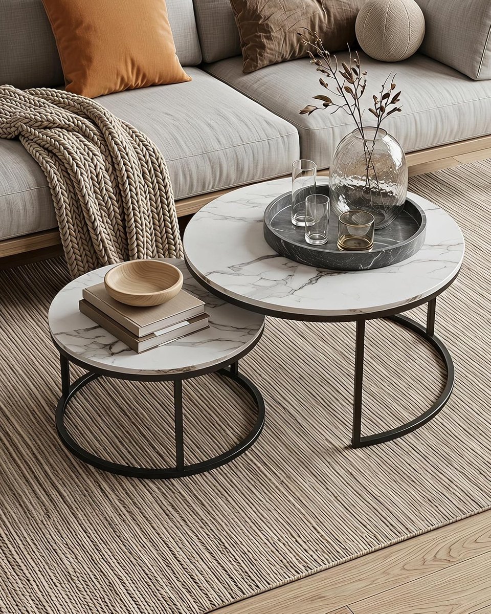 Set van 2 Nesting Salontafels 80+60 cm, Witte Marmerlook MDF Tafelblad, Zwart Metalen Frame, Moderne Ronde Bijzettafels voor Woonkamer