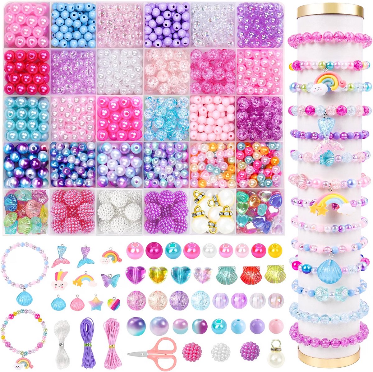 Zeemeermin Kralenset Armbanden - Diy Sieraden Maken - Knutselset Kettingen Kralen - Compleet Handwerk Pakket - 1200 Kleurrijke Acrylkralen - Inclusief Hangers Elastisch Koord - Meerkleurig - 6mm