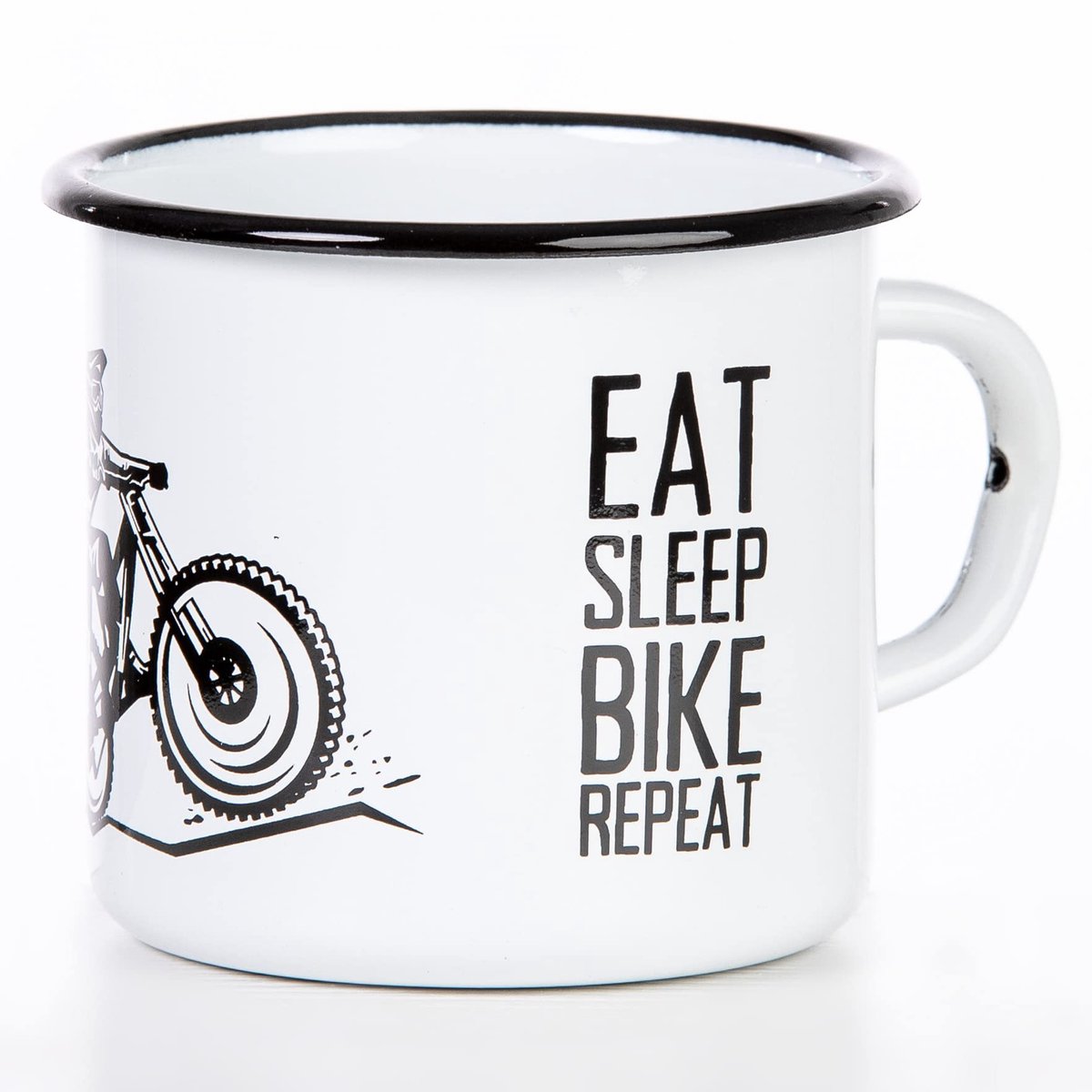 Mountainbike MTB geëmailleerde mok met cool biker-ontwerp EAT Sleep Bike Herhaal licht en robuust door MUGSY.de ShopVlot