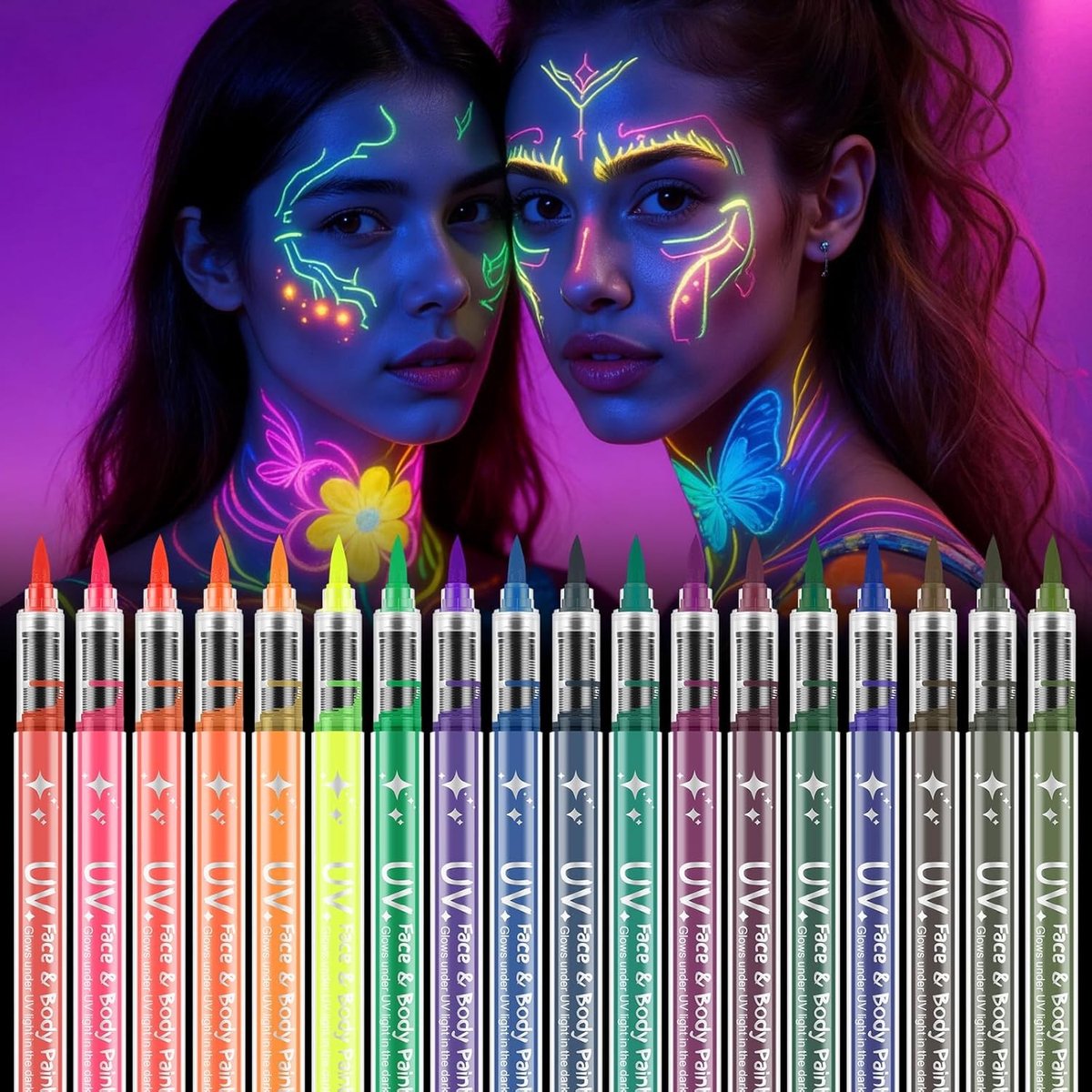 Glow in the Dark Gezichtsverf Pens, 18 Kleuren UV Neon Verf voor Lichaam en Gezicht, Perfect voor Halloween en Feestjes