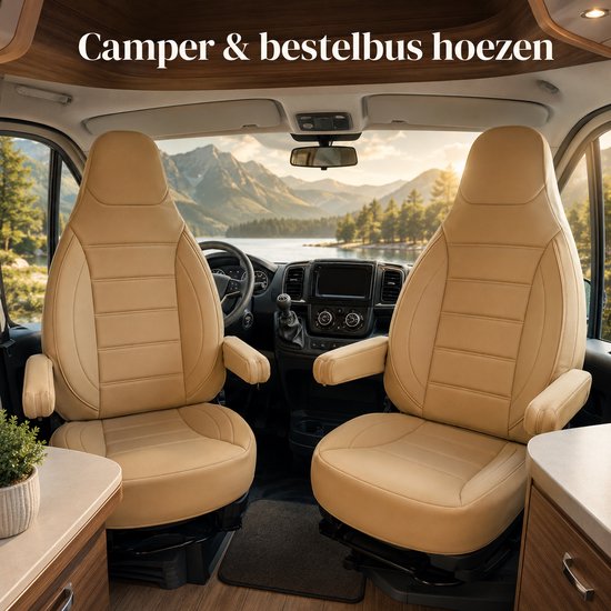 Twee beige camperstoelhoezen in een camperinterieur met uitzicht op een meer.