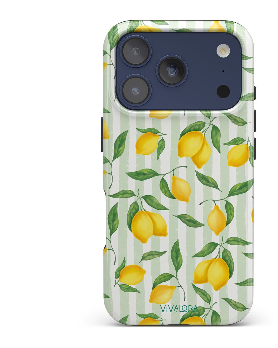 VivaLora Tough Telefoonhoesje iPhone 17 Pro met MagSafe - Citrus Stripes Print - 2-in-1 Phone Case - Hard Case & Siliconen Back - Citroenen Dessin - Extra Bescherming - Shockproof - Geel/Groen