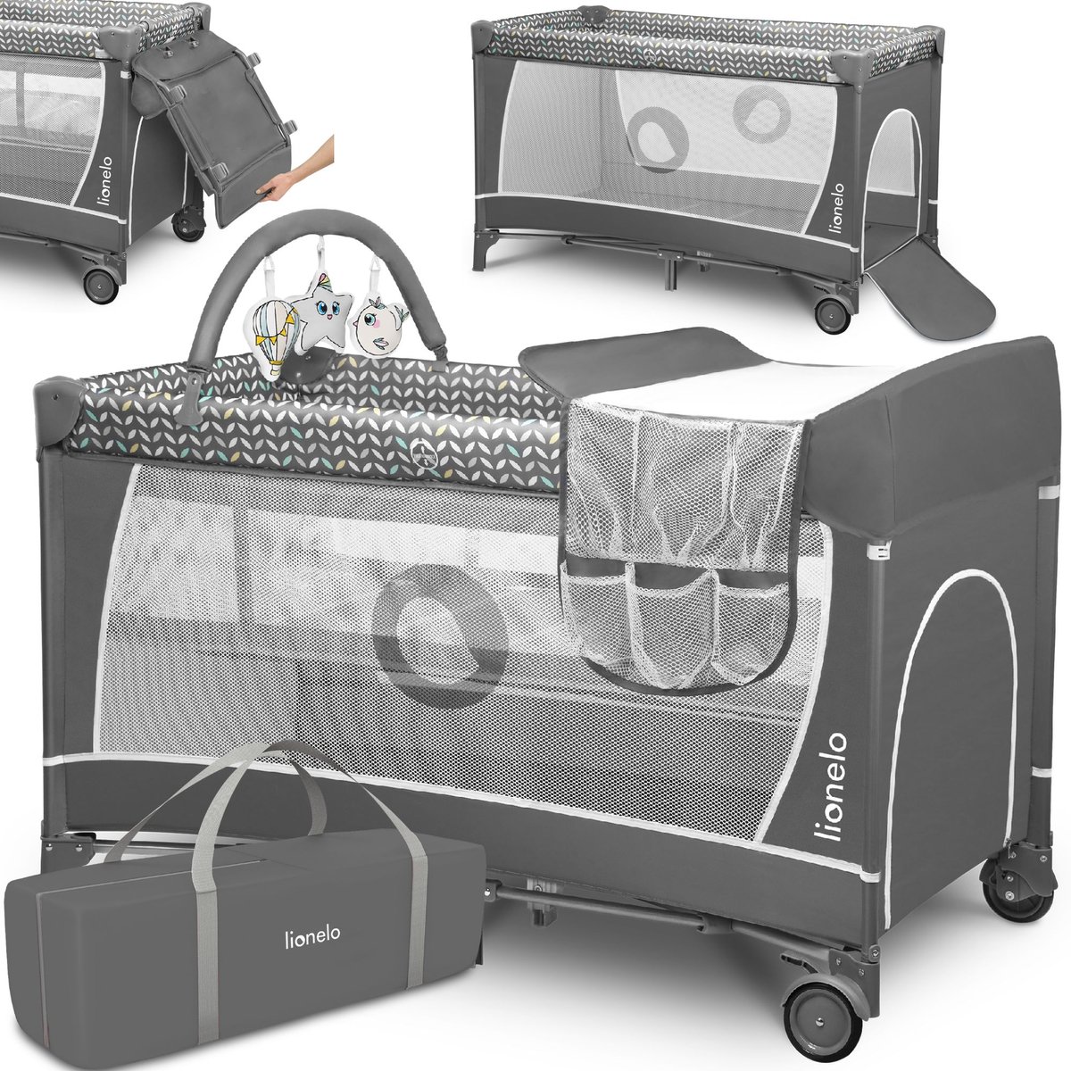 Lionelo Flower Campingbedje 2in1 – Reisbedje & Box – 0-36 Maanden – 2 Hoogtes voor Matras – Verversmat met Organizer – Zij-ingang met Ritssluiting – LockGuard – Zachte Schuimmatras – Snel Opvouwbaar – Beugel met Speelgoed – Draagtas