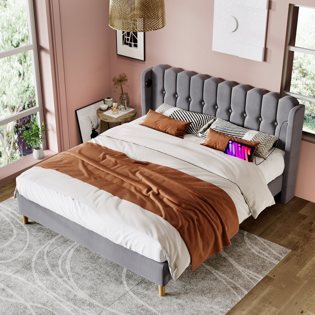 WUVRIE Gestoffeerd tweepersoonsbed 180x200 cm met lattenbodem, USB en USB-C, grijs