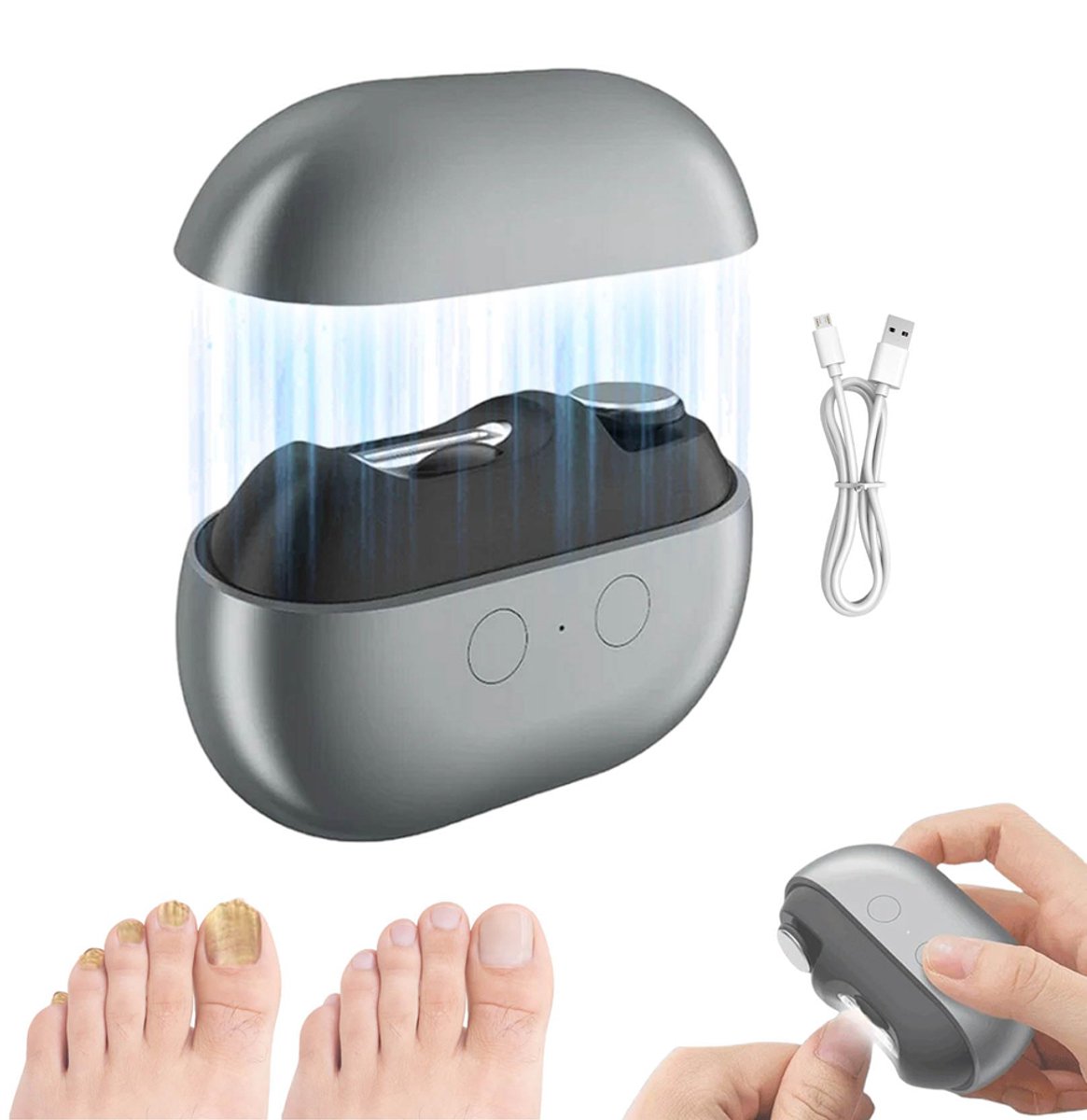 Elektrische Nagelknipper Met Ingebouwde Vijl – USB Oplaadbaar En Ergonomisch Gebogen Ontwerp – Stille Motor En Veilig Rond Mes – Draagbaar Voor Op Reis En Studentenkamer – Grijs – Kerstcadeau Voor Haar
