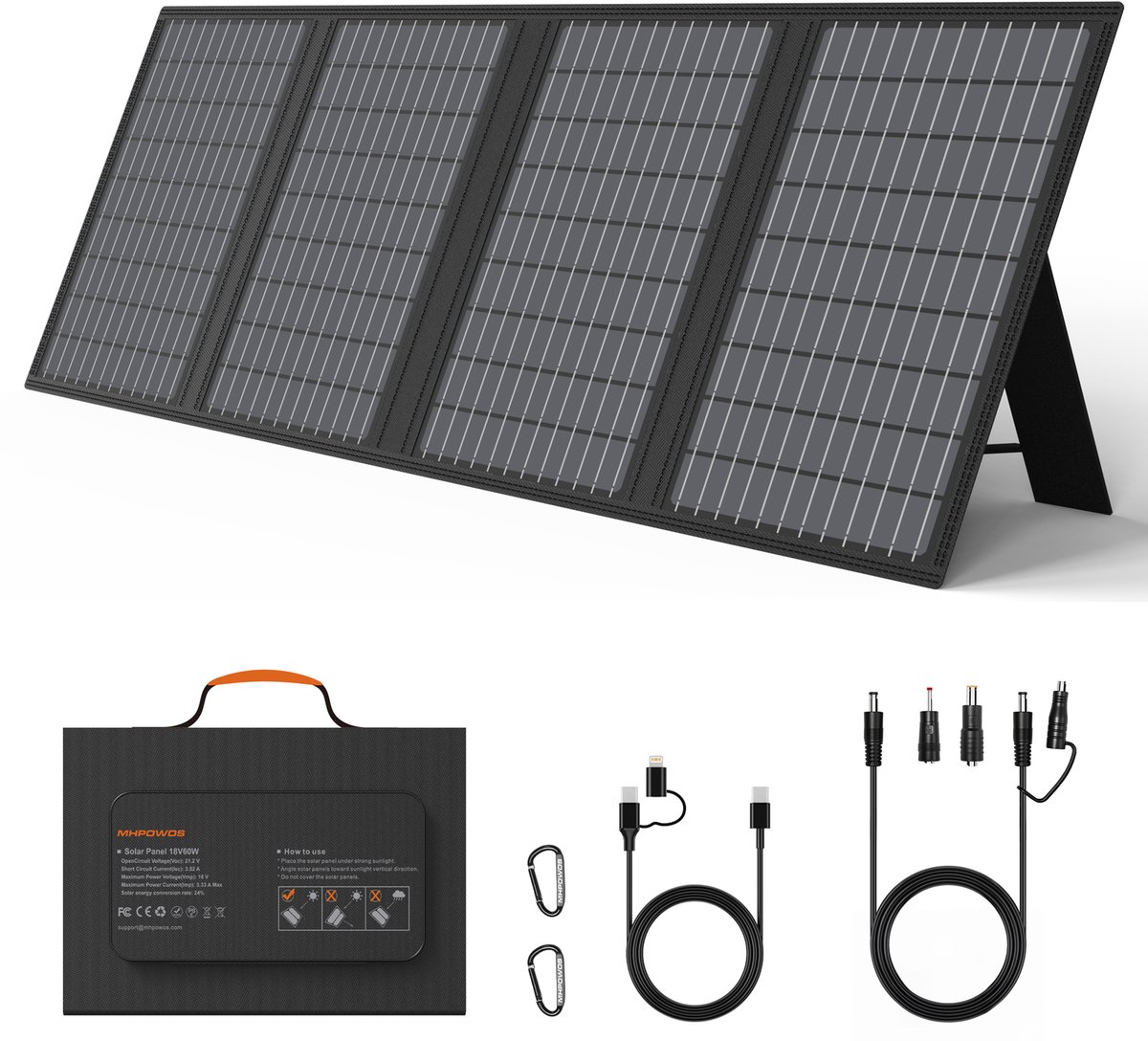 MHPOWOS 60W Vouwbaar Draagbaar Zonnepaneel, Monokristallijn Zonneoplader met USB-A USB-C DC Uitgang, Waterbestendig Zonnepaneel voor Camping Camper en Draagbare Powerstation