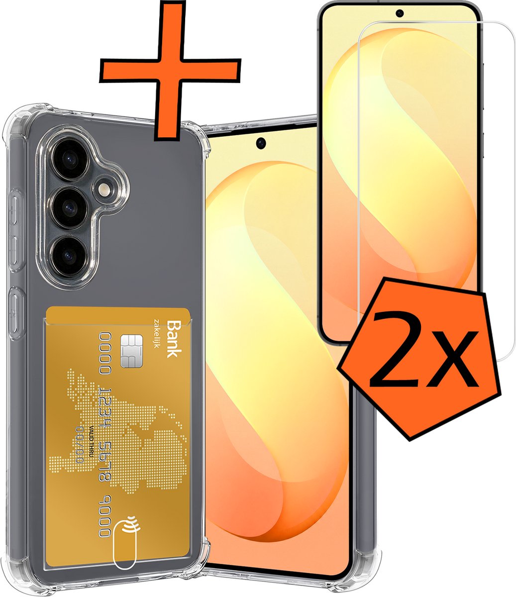 Hoes - Geschikt voor Samsung Galaxy S26 FE - Met 2x Screenprotector - Pashouder - Kaarthouder - Telefoon Hoesje Shockproof - Siliconen Case - Back Cover - Shock Proof - Pasjes Houder - Transparant