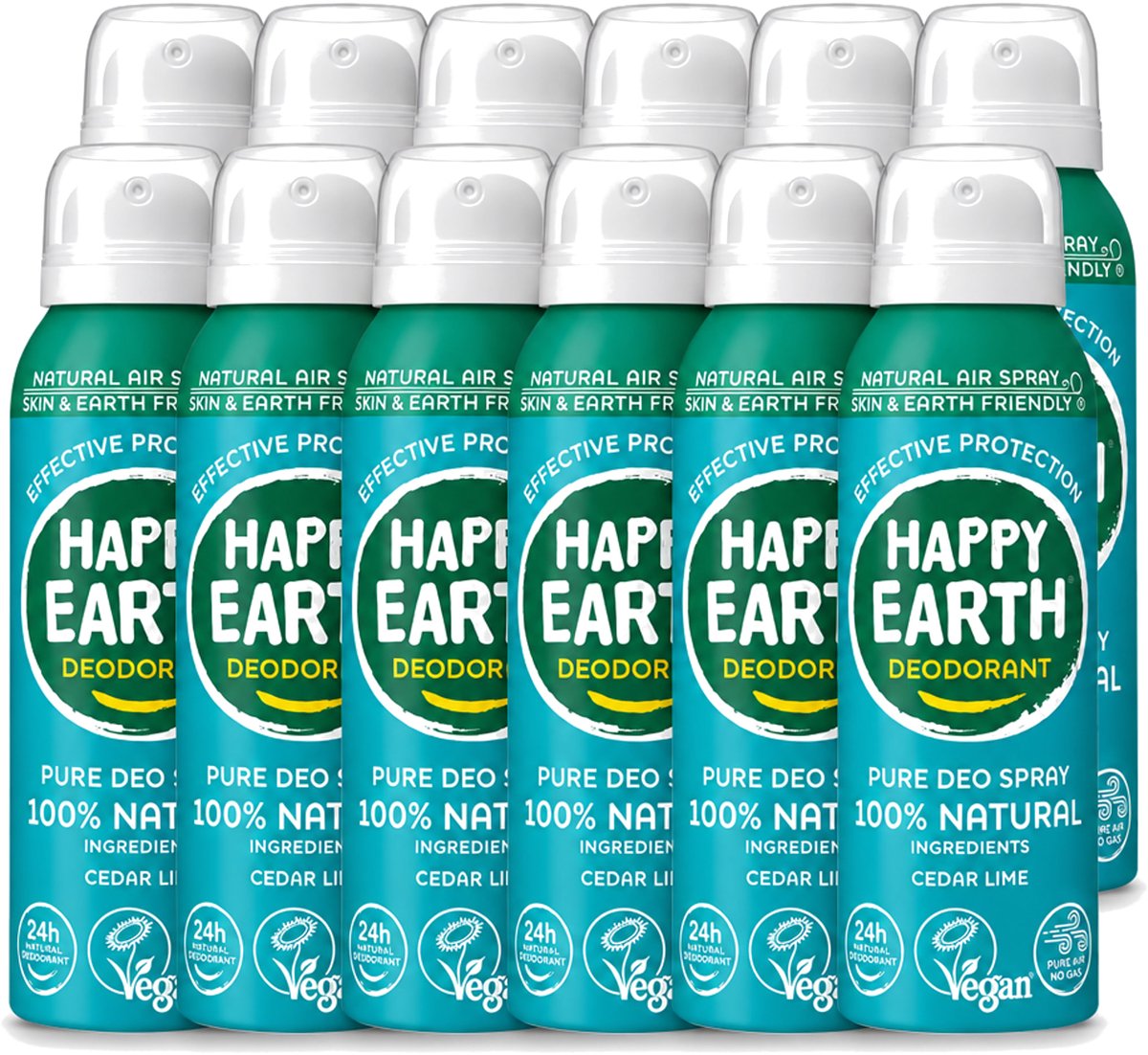 12 x Happy Earth – Deodorant Natural Air Spray – 100% Natuurlijk Cedar Lime – 100 ml - Voordeelverpakking - 12 stuks