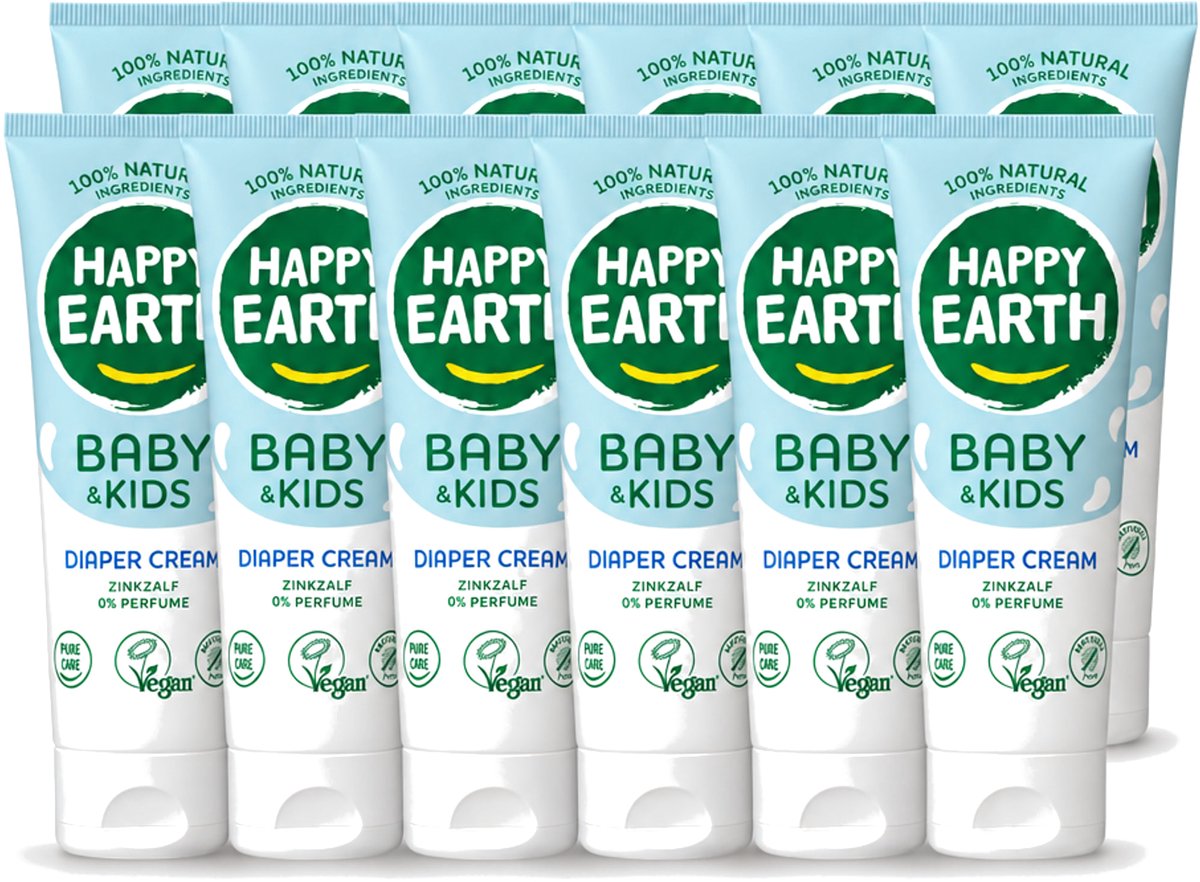 12 x Happy Earth – Diaper Cream – 100% Natuurlijk Baby & Kids – 75 ml - Voordeelverpakking - 12 stuks