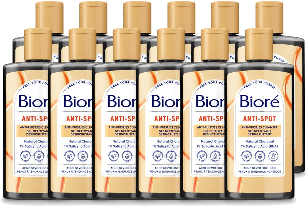12 x Bioré – Houtskool Anti-Puistjes Reinigingsgel – Gezichtsreiniger – 200 ml - Voordeelverpakking - 12 stuks