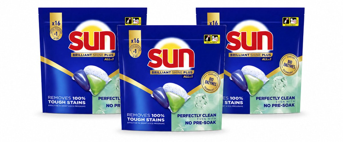 3 x Sun – Vaatwascapsules – Brilliant Shine+ All-in-1 – 16 capsules - Voordeelverpakking - 3 stuks
