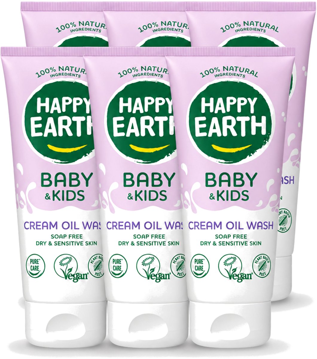 6 x Happy Earth – Cream Oil Wash – 100% Natuurlijk Baby & Kids – 200 ml - Voordeelverpakking - 6 stuks