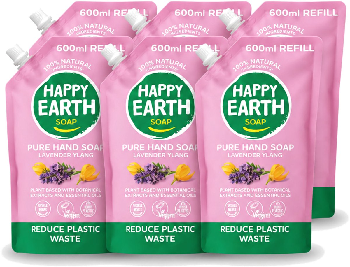 6 x Happy Earth – Handzeep Navulling – 100% Natuurlijk Lavender Ylang – 600 ml - Voordeelverpakking - 6 stuks