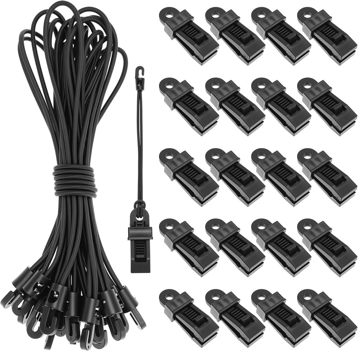 Zeilclips 20 stuks & elastische spanbanden 20 stuks - met haken - ideaal voor kamperen - ShopVlot