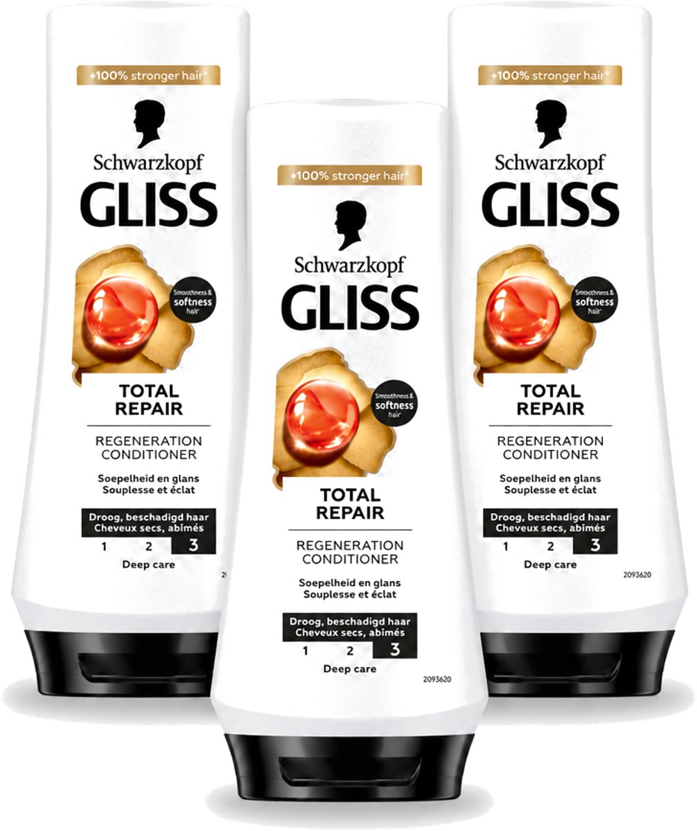 3 x Gliss - Hair Repair - Conditioner voor Totaal Herstel - 200 ml - Voordeelverpakking - 3 stuks