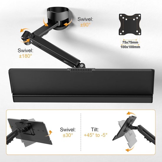 Verstelbare Wandbevestigde Toetsenbordlade - Ergonomische Toetsenbord- en Muismontage, Geschikt voor Tot 12kg, Zwart — afbeelding 3