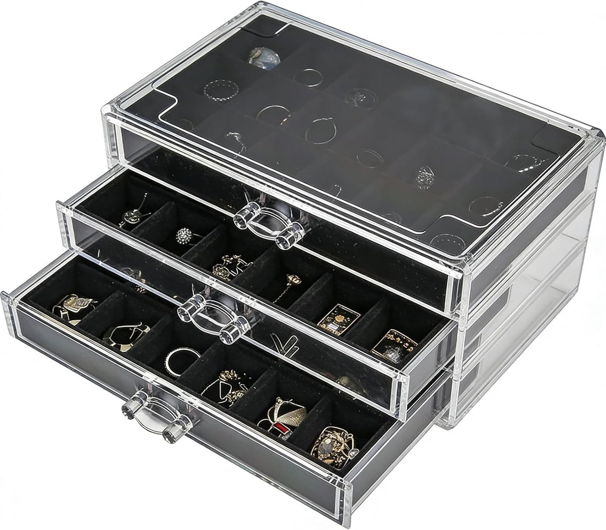 Sieraden Organizer met Lades, Duidelijke Sieradenopslag voor Oorbellen en Ringen, Elegante Sieradenbox met 3 Lades in Zwart
