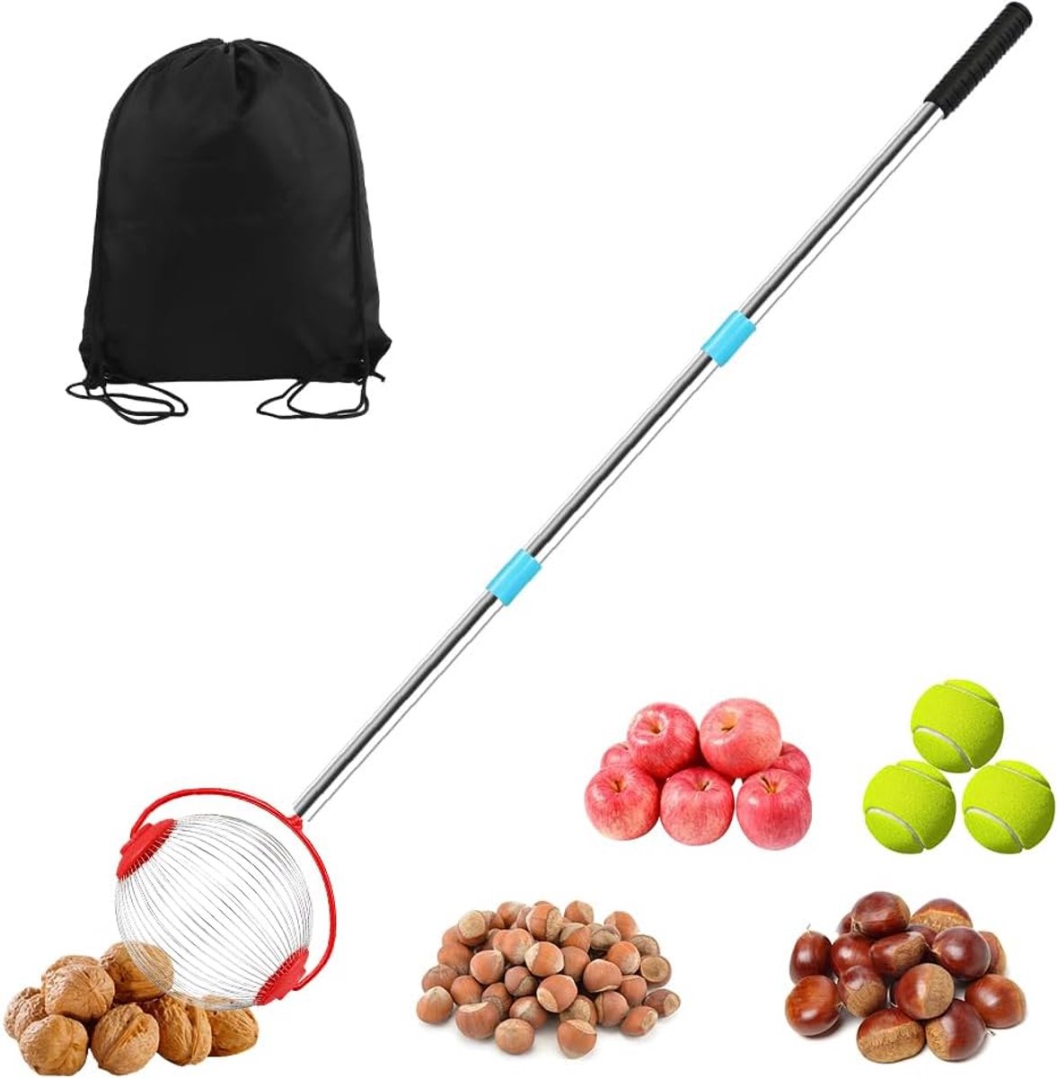 Rolverzamelaar 120 cm - notenverzamelaar met fruitzak - telescopische steel - comfortabel oogsten - ShopVlot