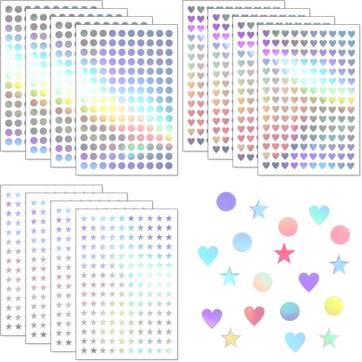 Mini hologram stickers voor beloningen - hartjes, sterren en stippen - 1800 stuks