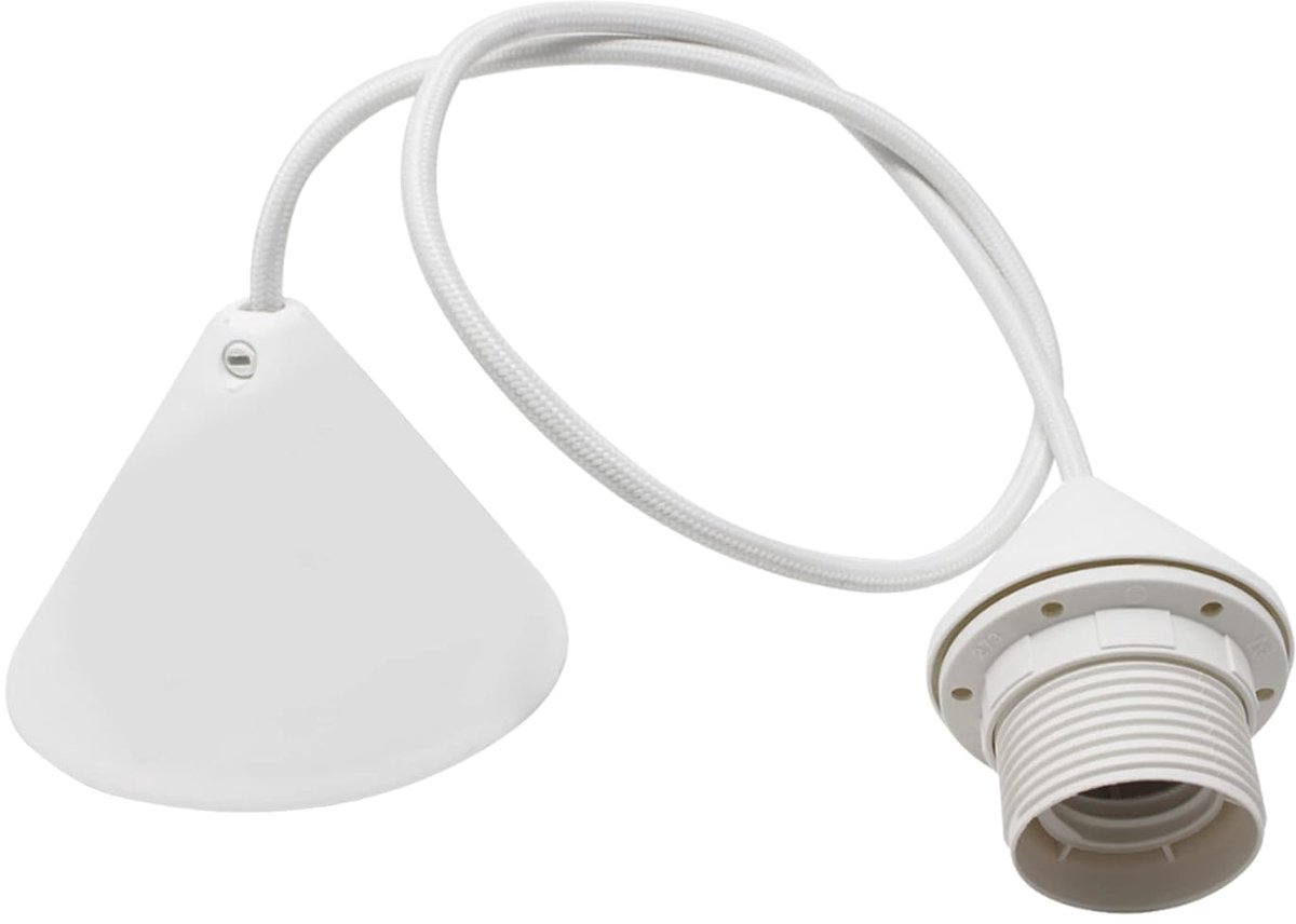 White Pendant Light with Conical Plastic Ceiling Shade - Textile Cable 80 cm - E27 Threaded Socket, Stop and Ring - ShopVlot