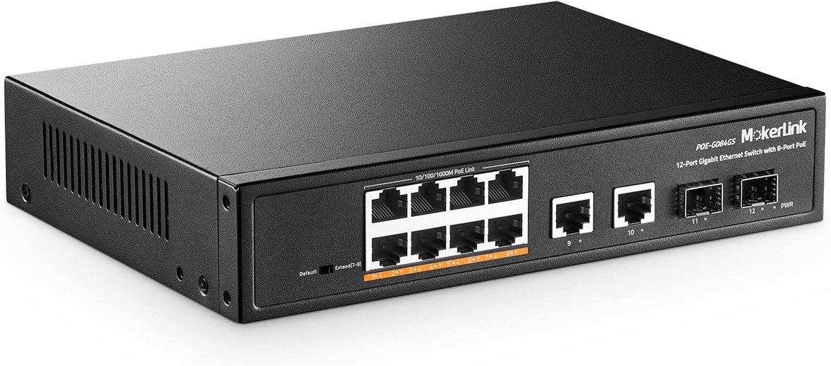 MokerLink 12-Port Gigabit PoE Switch, 8 GE PoE+, 2 GE uplink, 2 Gigabit SFP, 120W 802.3af/at PoE, Fanless Plug & Play - ShopVlot