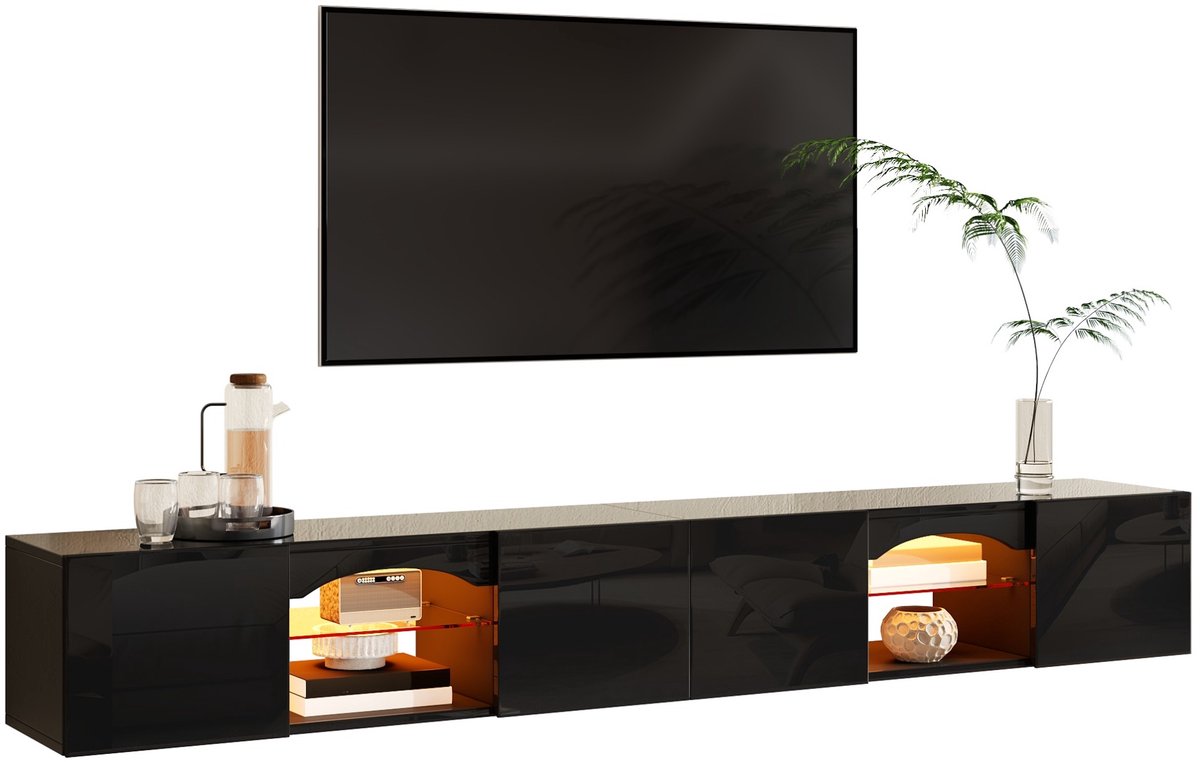 MIVRAY Tv-Meubel - Hoogglans Met Ledverlichting En Vier Deuren - Appbediening Voor Woonkamer - Spaanplaat - 200 X 30 X 28 Cm - Zwart