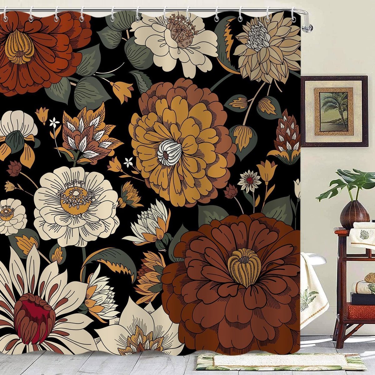 Douchegordijn, 180 x 180 cm, abstracte retro botanische bloem, midden de eeuw, moderne waterdichte stof - ShopVlot