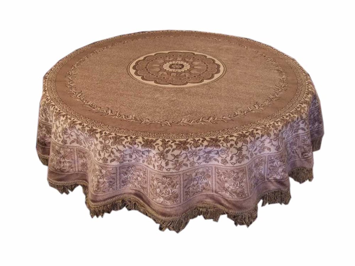 Tafelkleed Sirius - taupe / ivoor / bruin - 150 cm rond - met franjes - klassiek - authentiek - traditioneel - vintage - retro
