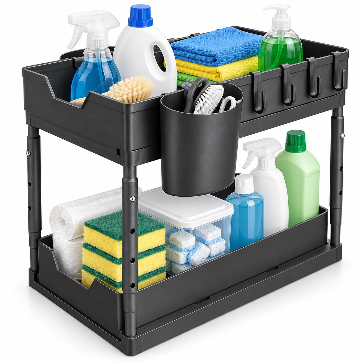Gootsteenkast Organizer Uitschuifbaar - In Hoogte Verstelbaar - Gootsteenorganizers Uitrekbaar - Keukenkast Organiser - voor Keuken & Gootsteen - Incl. 8 Haakjes & 2 Opbergbakjes - Zwart