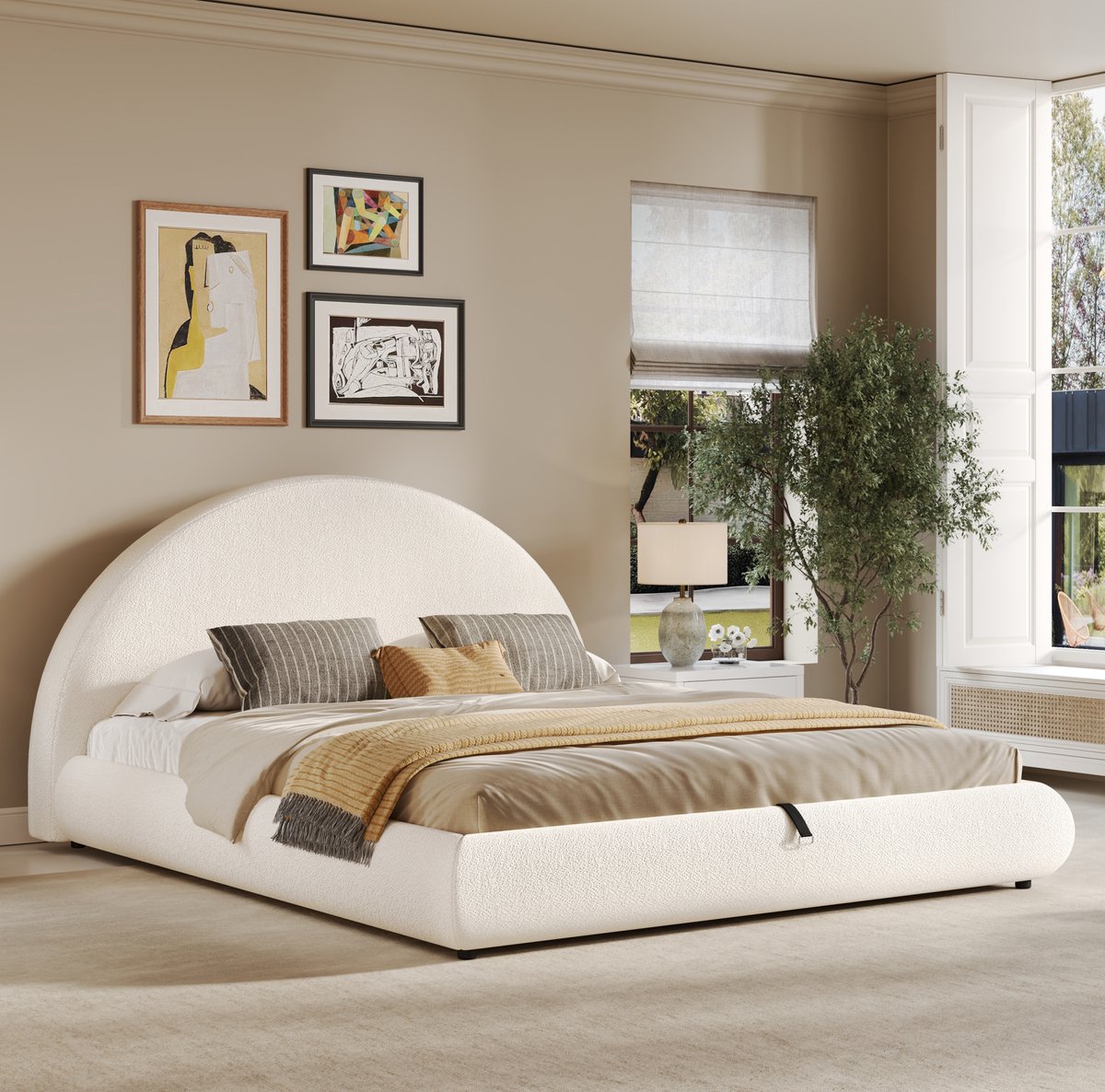 STILVORA Gestoffeerd Bed 160x200 cm - Hydraulische Opbergruimte Met Lattenbodem - Hoofdeinde - Voor Volwassenen - Bouclé Stof - Zonder Matras - Wit