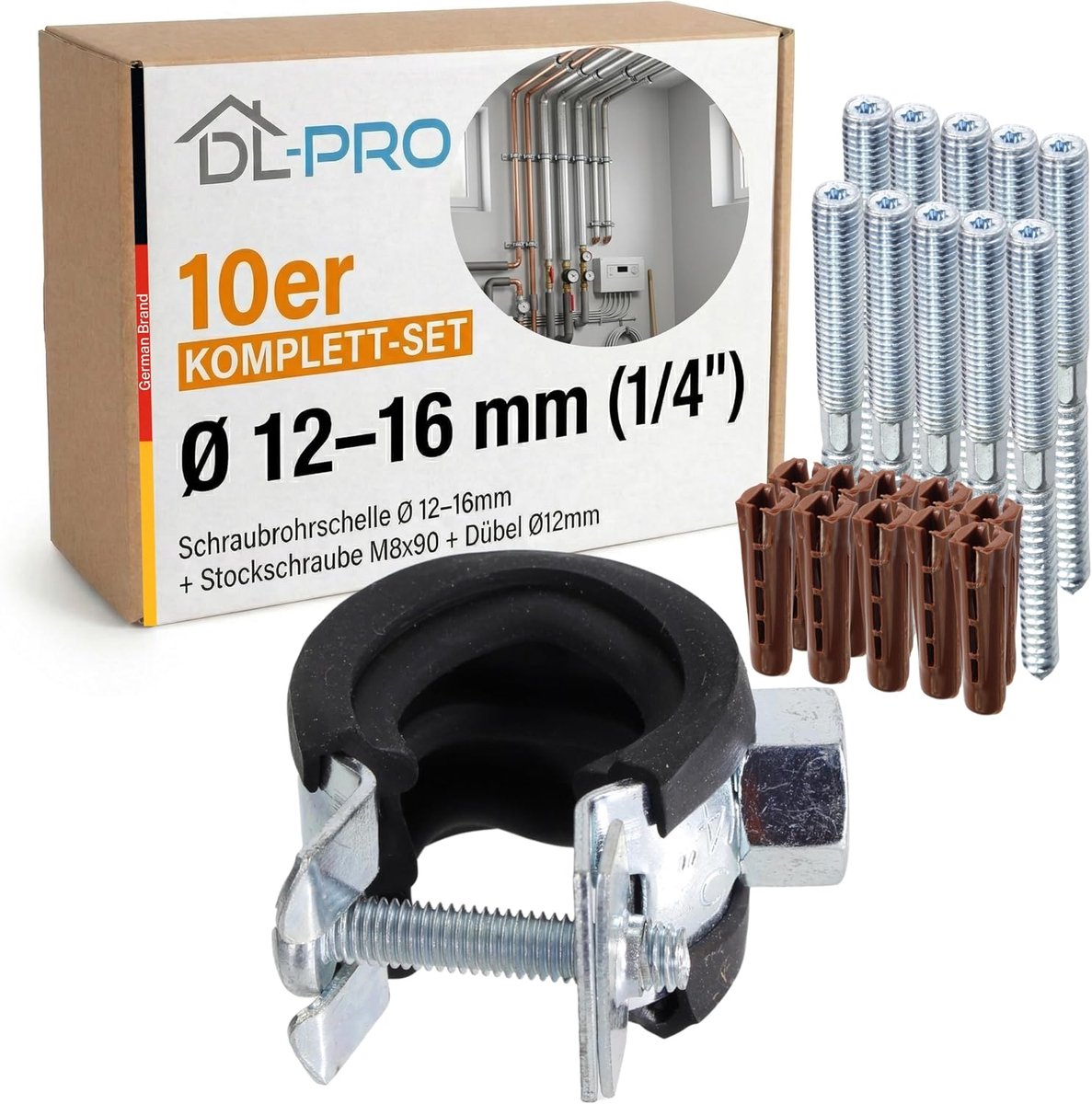DL-PRO Screw Pipe Clamp, 1/4 inch, Ø 12-16 mm, EPDM, Sound Insulation, Includes M8 Stick Screw, Plugs, Tube Holder - ShopVlot