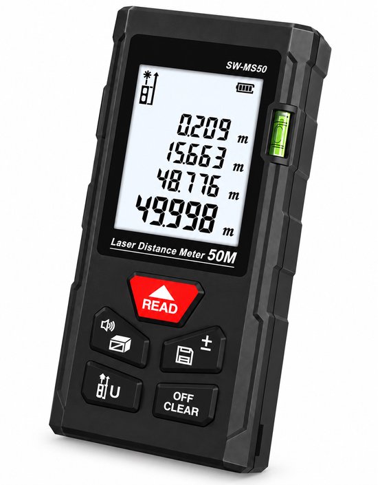 Zwarte laser afstandsmeter 50M met display met meetgegevens, rode 'READ' knop en vier bedieningsknoppen.