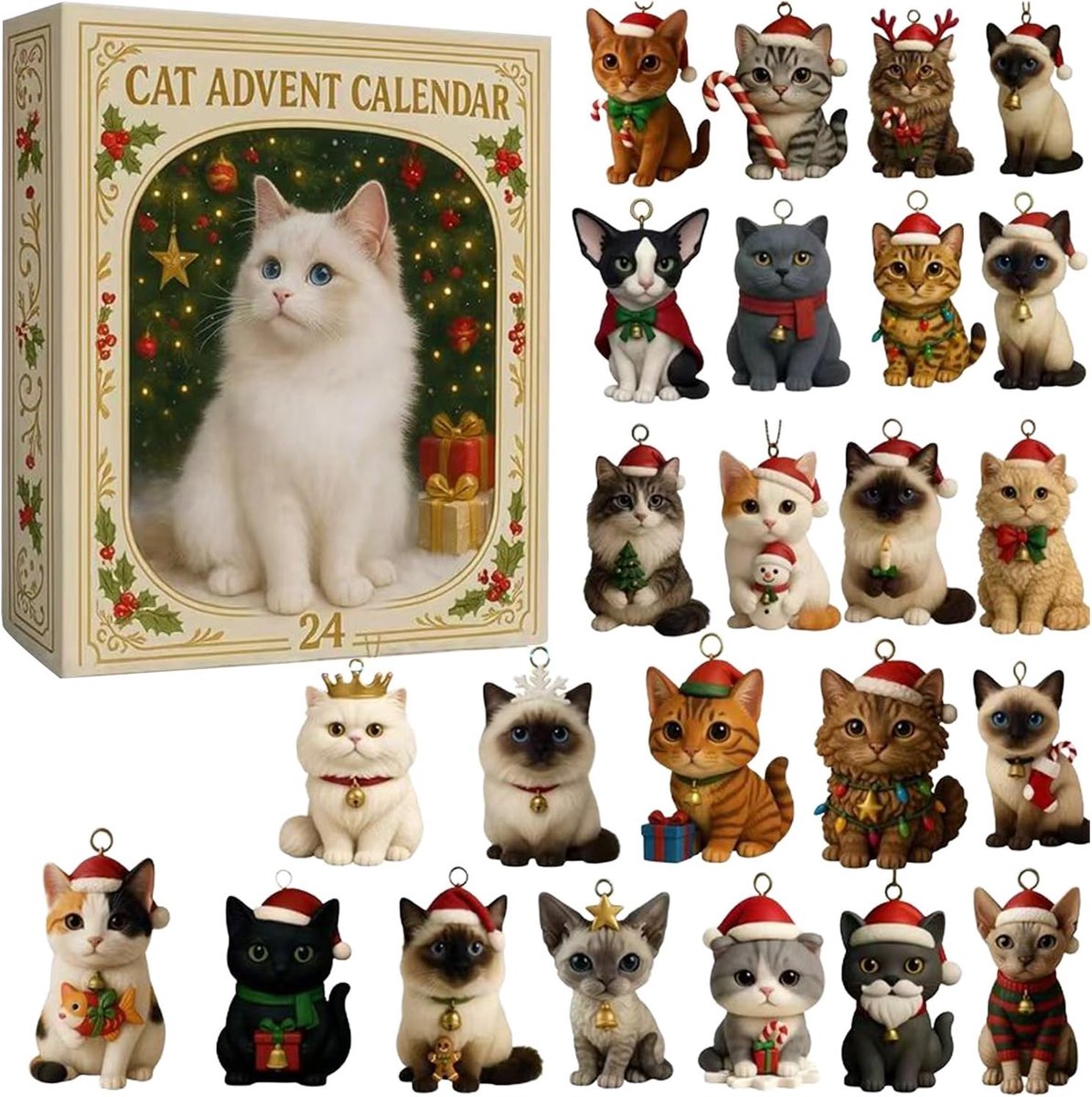 Kerst aftelkalender - Adventskalender blind box voor kattenliefhebbers - acryl kerstboomversiering - 24 dagen aftellen - 2D acryl schattige kat kerstboomversiering - feestdecoratie