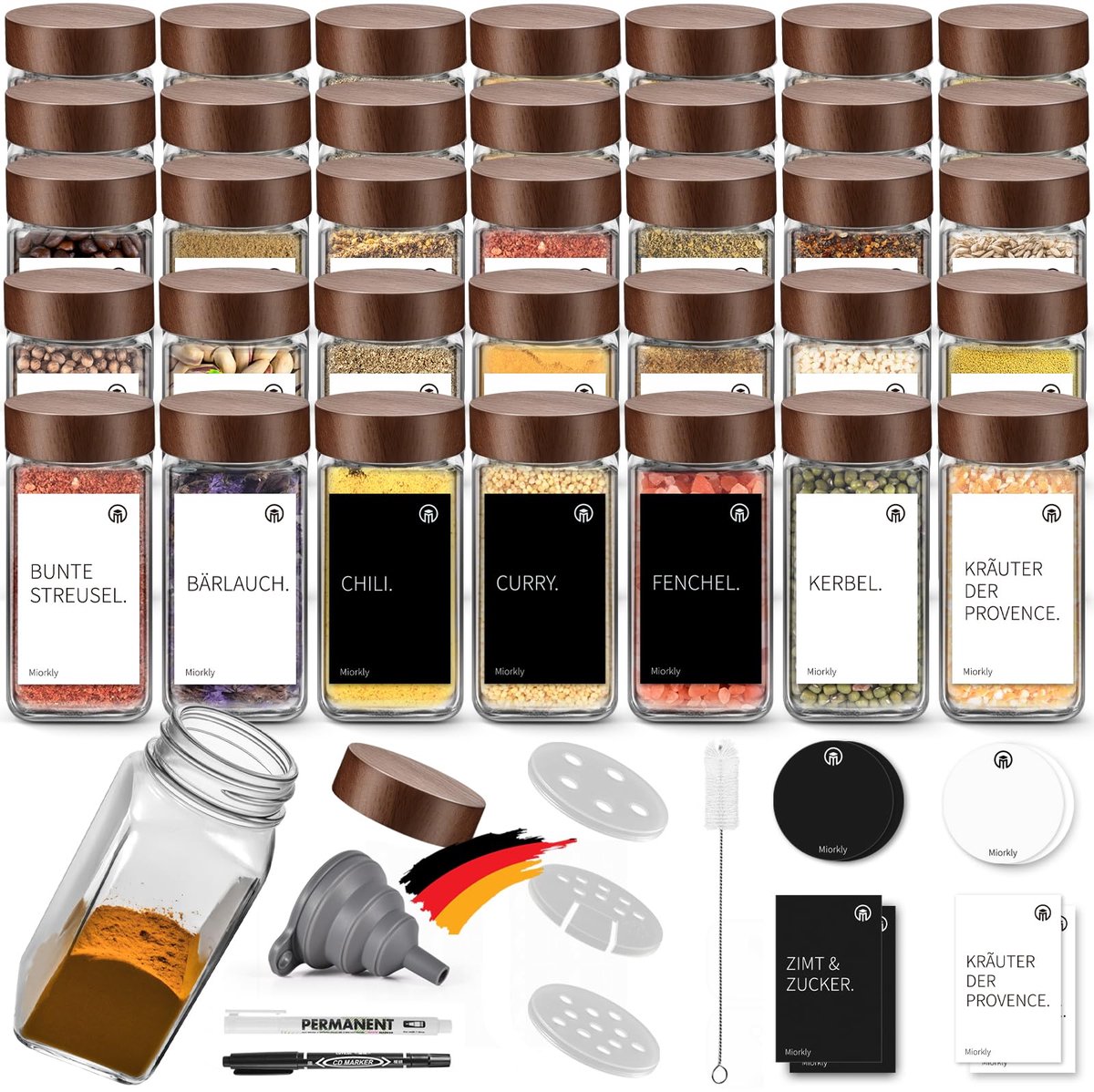 Kruidenpotjes vierkant 120 ml - glas met houten deksel - 35 stuks met strooiinzetstuk - kruidenorganizer met etiketten - ShopVlot