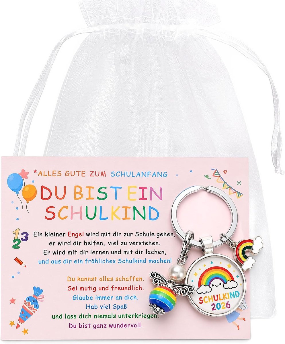 Einschulung Geschenk Schutzengel Schlüsselanhänger mit Grußkarte, Glücksbringer Kinder für Schulkind 2026 Mädchen - ShopVlot