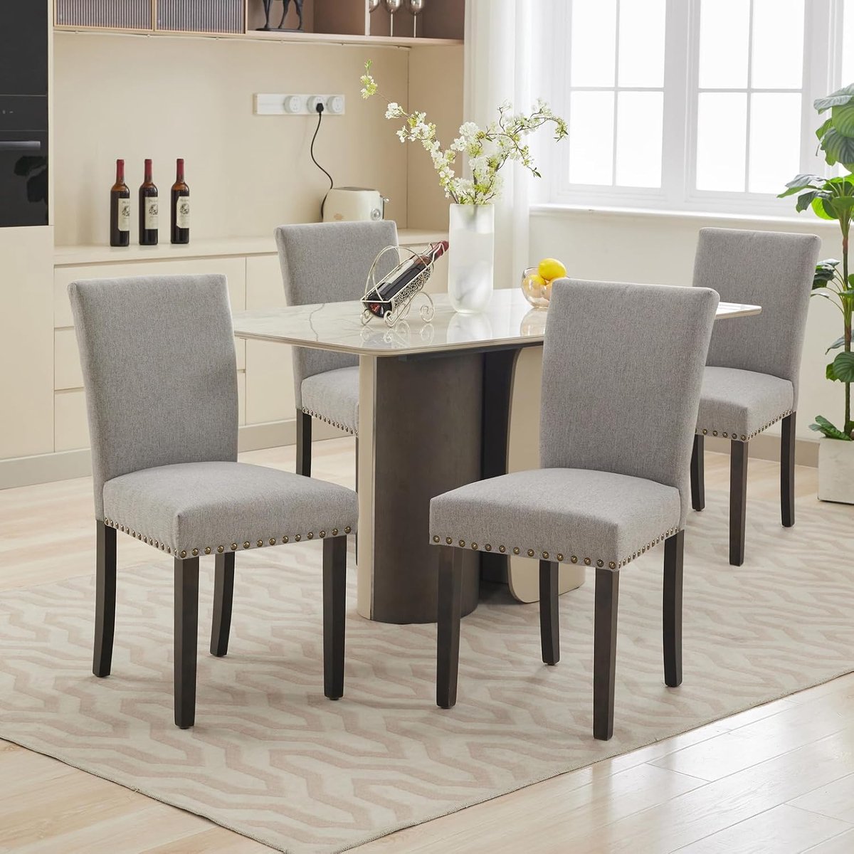 Eetkamerstoelen Set van 4 - Lichtgrijs Stoffen Stoelen met Nagels 136kg