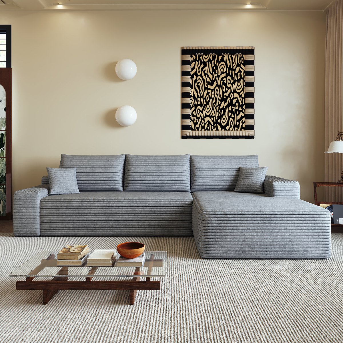 REDOM Modulaire hoekbank - 3-zits - L-vormige chaise longue - Diepe zitting - Geen montage nodig - Corduroy stof - Grijs - 270 x 175 x 83 cm