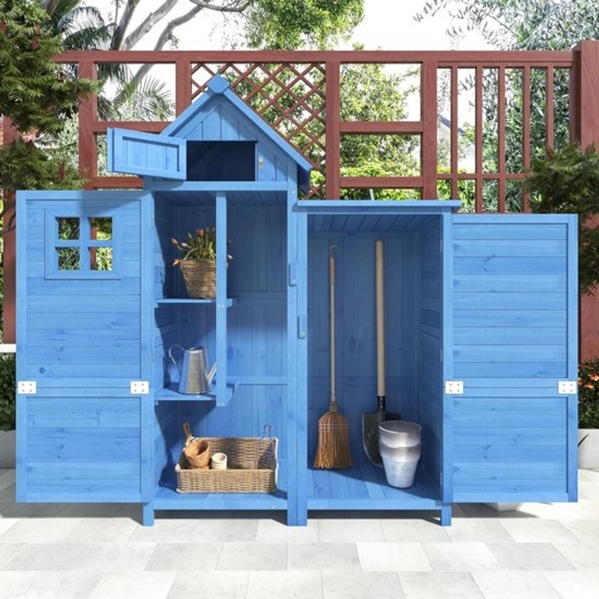 Houten tuinkast - Gereedschapskast voor buiten - Tuinspullen opbergen - Weerbestendig dak van PVC - 118x54x173 cm - Blauw