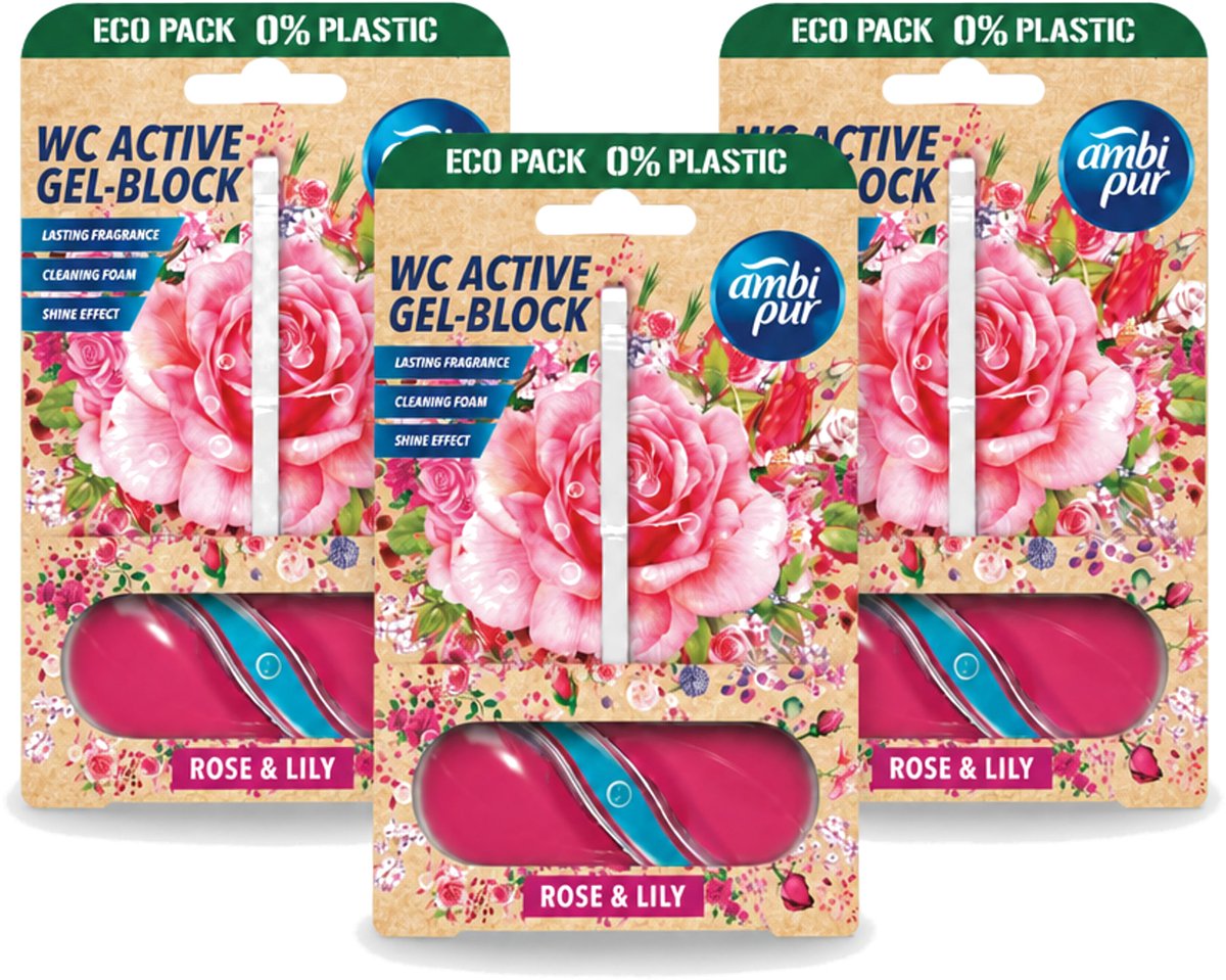 3 x Ambi Pur – Toiletblok – Roos & Lelie – 45 g - Voordeelverpakking - 3 stuks