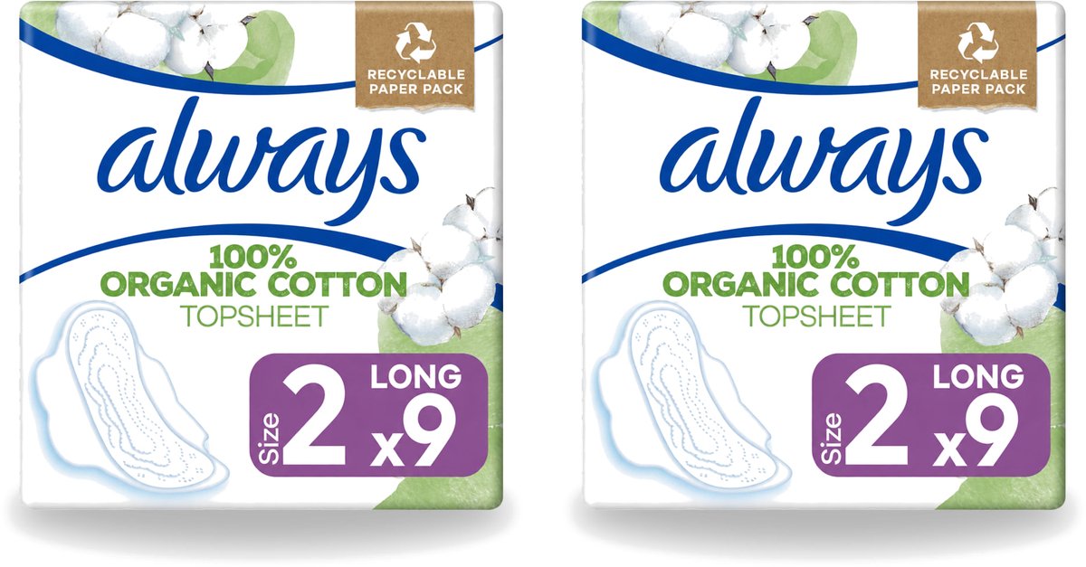 2 x Always - Maandverband - Long - Cotton Protection - Met Vleugels - 9 Maandverband - Voordeelverpakking - 2 stuks