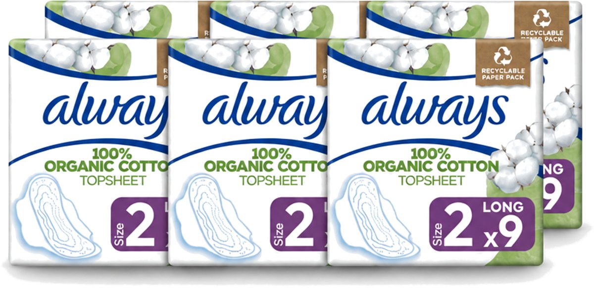 6 x Always - Maandverband - Long - Cotton Protection - Met Vleugels - 9 Maandverband - Voordeelverpakking - 6 stuks