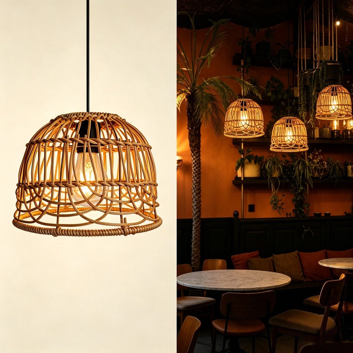 Rieten Hanglamp Voor Buiten | LED-lamp Met Dimfunctie Via Afstandsbediening, Handgemaakte Rieten Lampenkap in Bohemienstijl, Geschikt Voor Veranda's, Terrassen En Achtertuinen | Werkt Op 4 AA-batterijen (niet Meegeleverd)