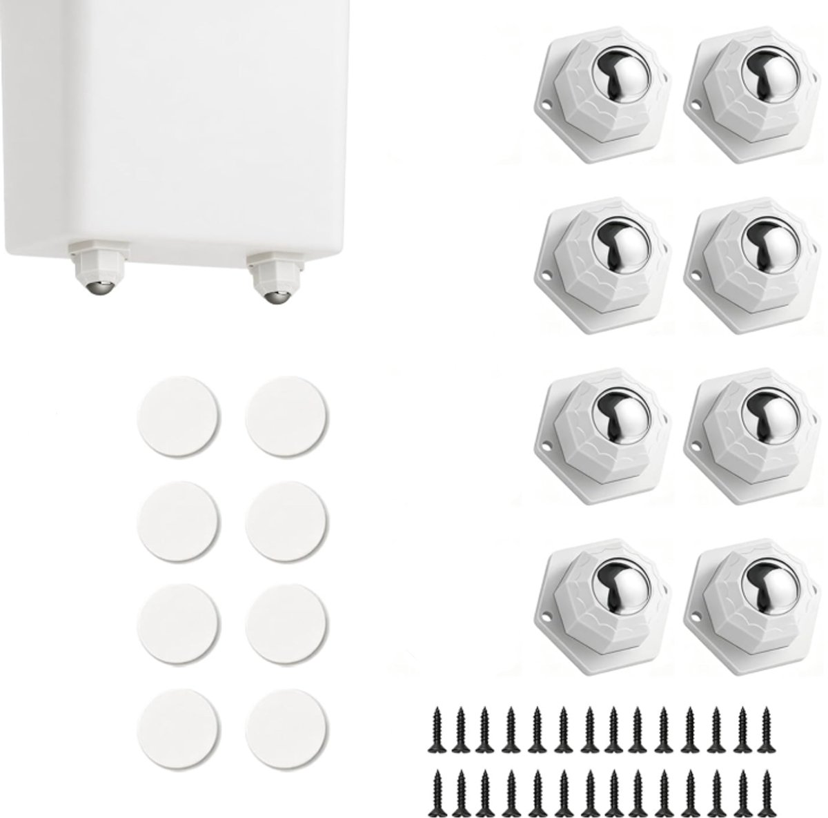 8 stuks meubelwielen, 360° draaibaar, geruisloos, kogellagerwielen, zwaar belastbaar tot 300 kg, zelfklevend en met schroeven te bevestigen, ideaal voor keuken, bank, kantoor, wit,Wit