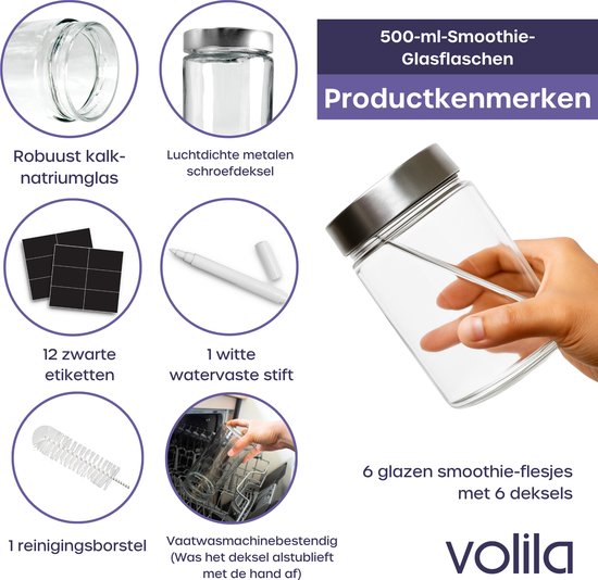 Overzicht van de 500ml-set: glazen fles, metalen deksel, 12 etiketten, stift, afwasborstel en vaatwasserinstructies.