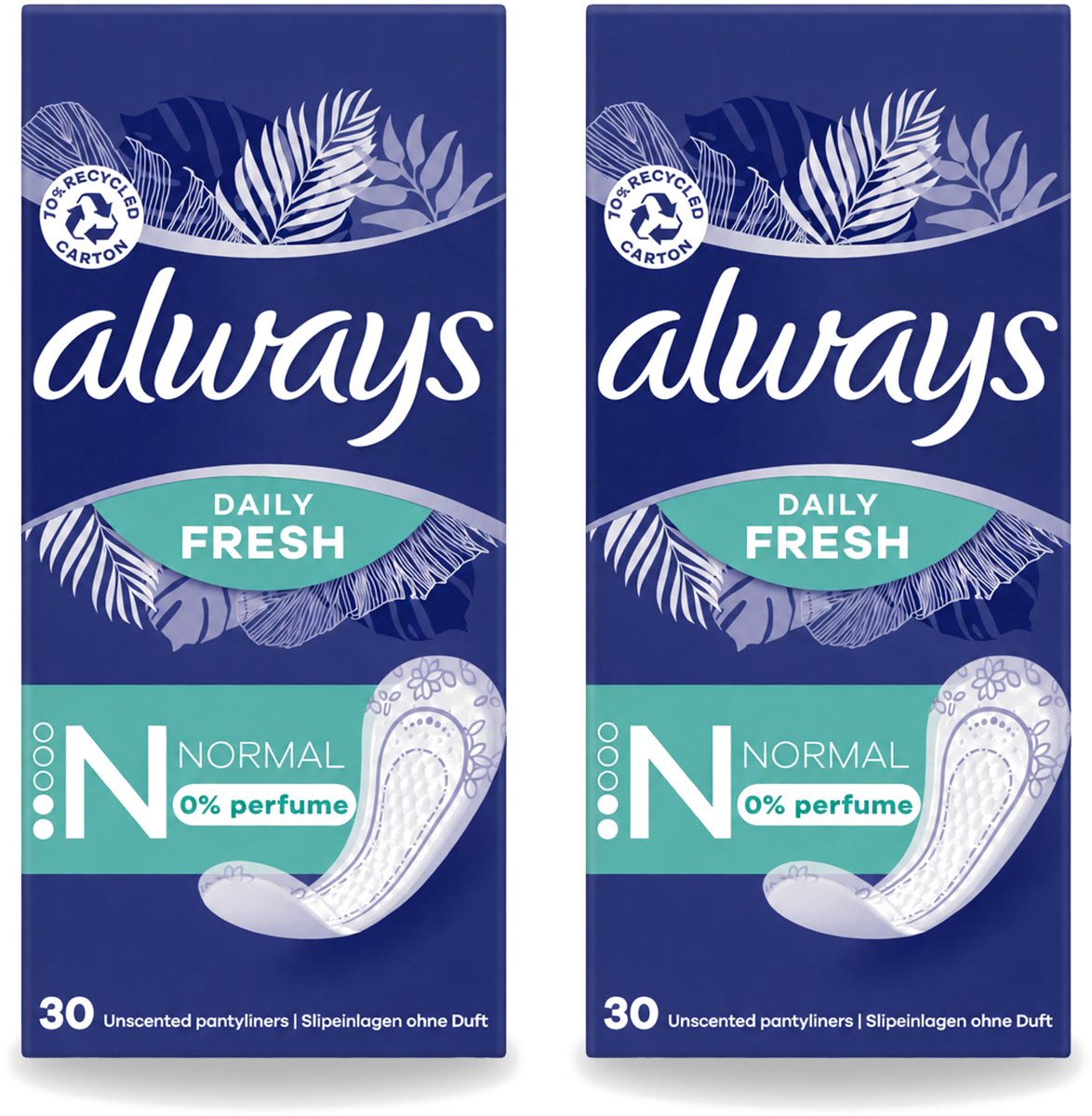 2 x Always Daily Fresh - Inlegkruisjes - Normaal - Ongeparfumeerd - 30 Inlegkruisjes - Voordeelverpakking - 2 stuks