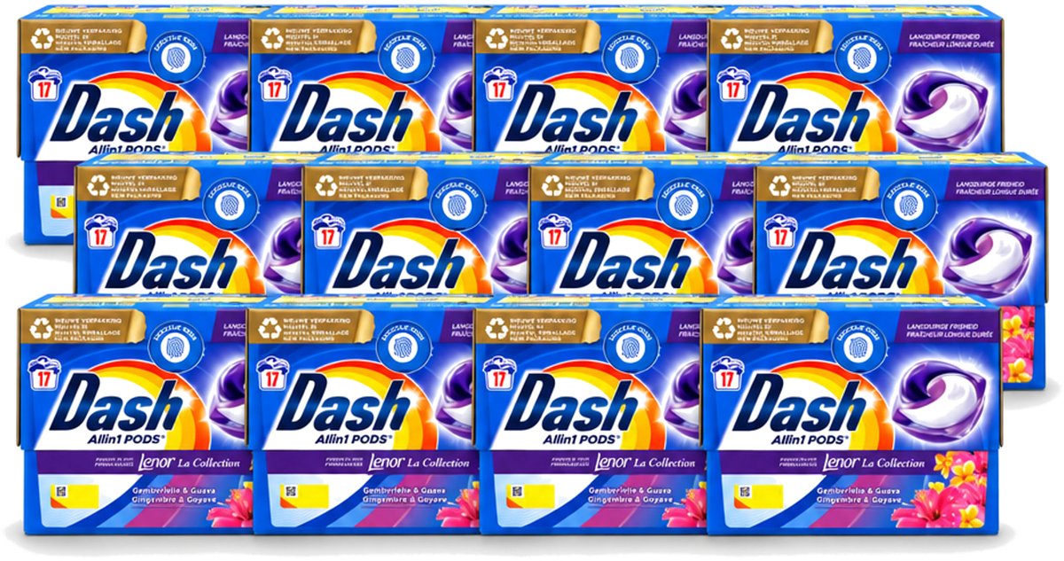 12 x Dash - Lenor Collectie - Wasmiddel Capsules - All-in-1 Pods - Witte en Gekleurde Was - Gemberlelie & Guava - 17 Wasbeurten - Voordeelverpakking - 12 stuks