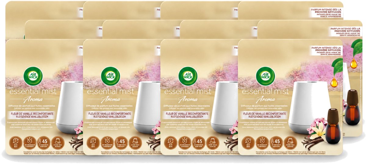 12 x Air Wick Essential Mist - Elektrische Geurverspreider - Starterkit - Rustgevende Vanillebloesem - 20ml - Voordeelverpakking - 12 stuks